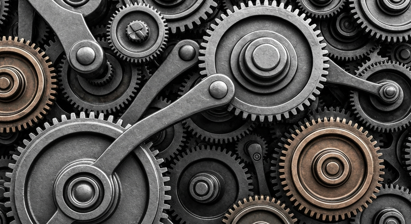 An extreme close-up of interlocking industrial machinery in shades of grey, bronze, and black, conveying a sense of power and financial security without using literal currency or charts.
