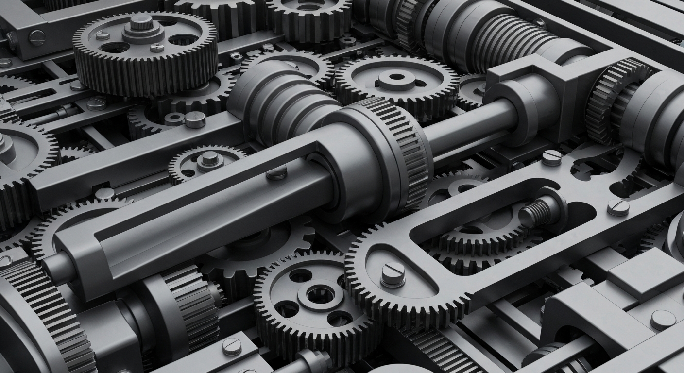An extreme close-up of various metal gears, levers, and mechanisms in shades of grey, representing the robust financial infrastructure of a regional bank.