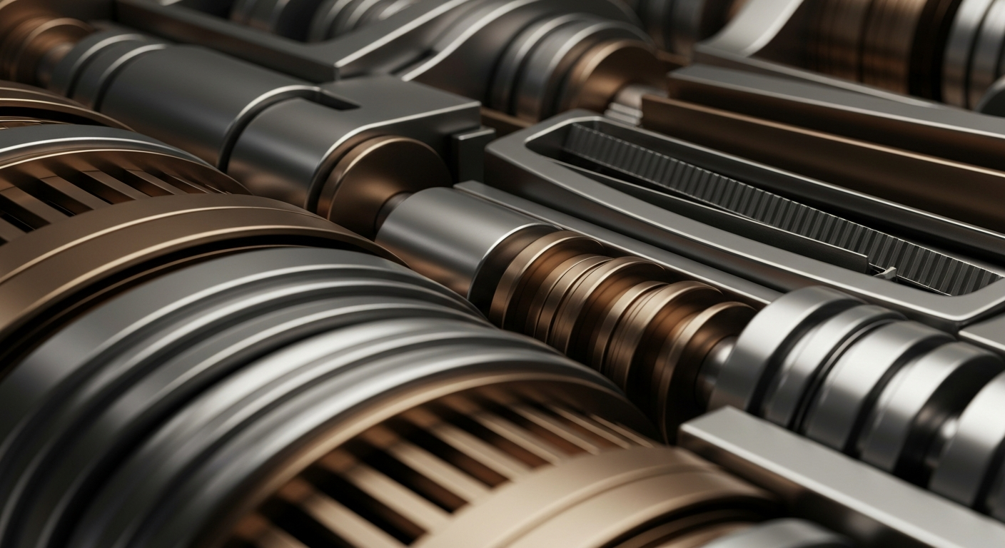 An extreme close-up of intricate, metallic banking machinery and mechanisms, conveying a sense of institutional financial power and security without using any text or symbols.