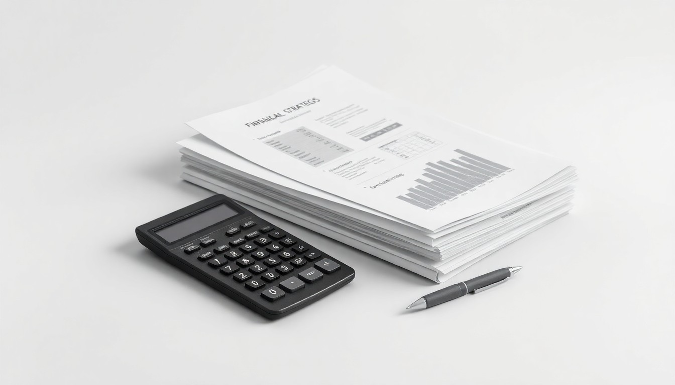 A minimalist, high-end studio still life photograph featuring a stack of financial reports, a calculator, and a pen arranged elegantly on a clean, monochromatic background, symbolizing the abstract corporate strategy and market analysis behind SG Americas' increased investment in Albertsons.