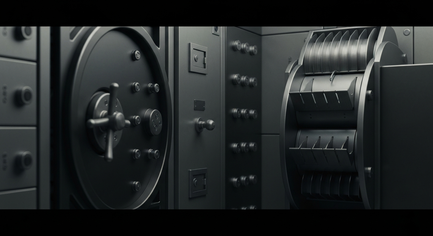 An extreme close-up of heavy, industrial banking equipment and machinery, conveying a sense of institutional power and financial security without using any literal currency or banking symbols.