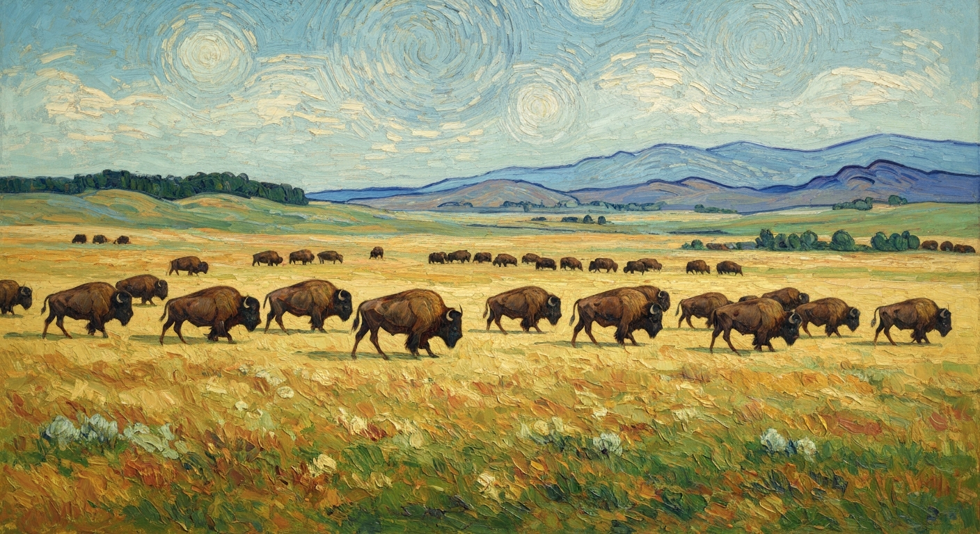 A textured oil painting landscape in the style of Vincent Van Gogh, depicting a herd of bison grazing across a vast, open prairie in earthy tones of ochre, sienna, and deep green, conveying the tranquility and grandeur of these iconic animals in their natural habitat.