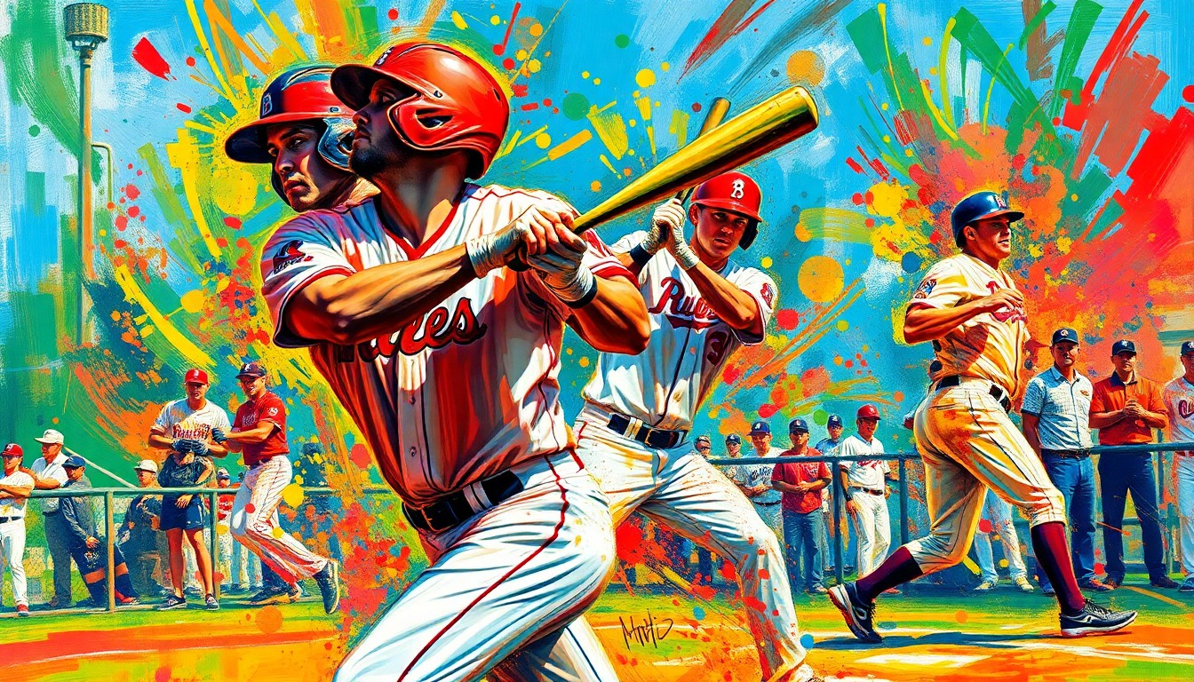 An abstract, expressionist painting in vibrant neon colors depicting the powerful, energetic movements of a minor league baseball game, with the players' forms dissolving into a blur of brushstrokes.