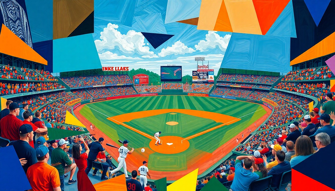 A fragmented, geometric painting depicting the dynamic action and competitive energy of a college baseball game, with players, bats, balls, and the stadium rendered in a cubist style using bold, overlapping shapes and vibrant colors.