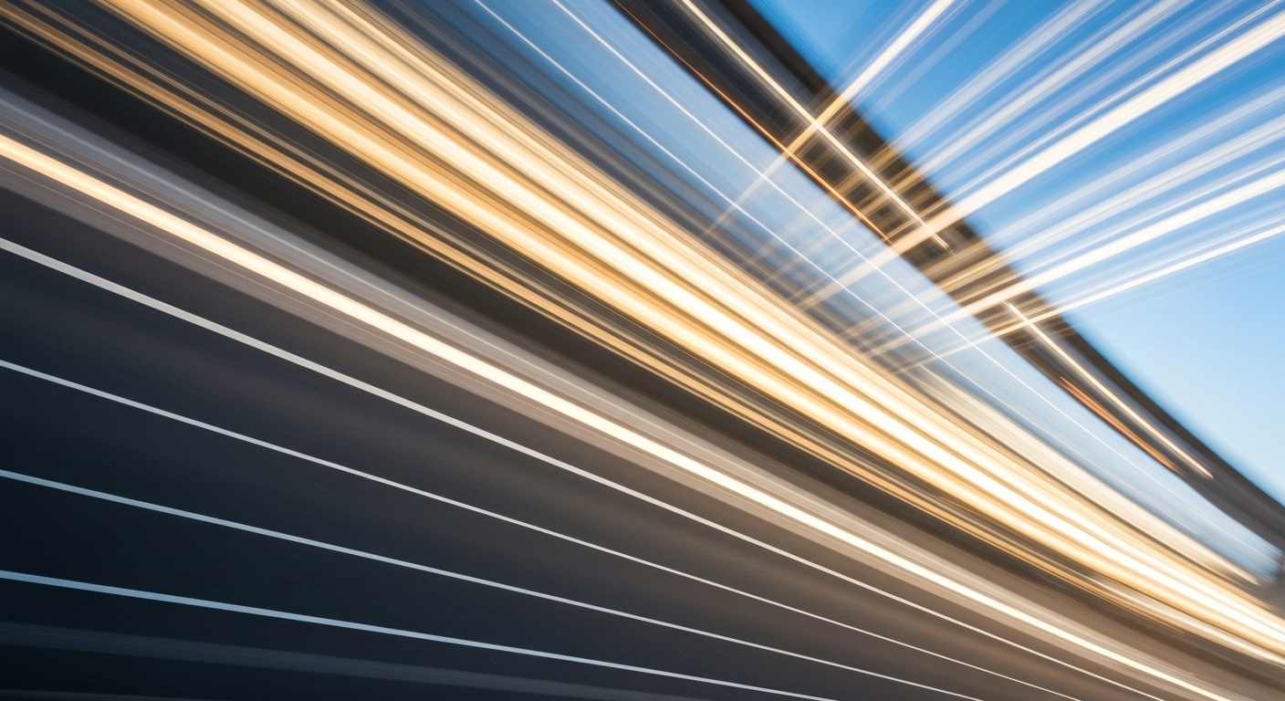 An abstract, colorful image created with a slow shutter speed and panning motion, depicting the blurred movement of a vehicle on the M5 motorway, conveying a sense of speed, modern engineering, and travel.