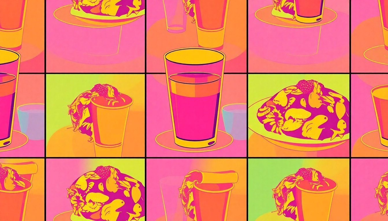 A bold, graphic silkscreen print depicting a repeated pattern of a single iconic Portland restaurant item, such as a coffee cup or seafood dish, rendered in a high-contrast, neon color palette that captures the city's tension between serving visitors and supporting its local community.