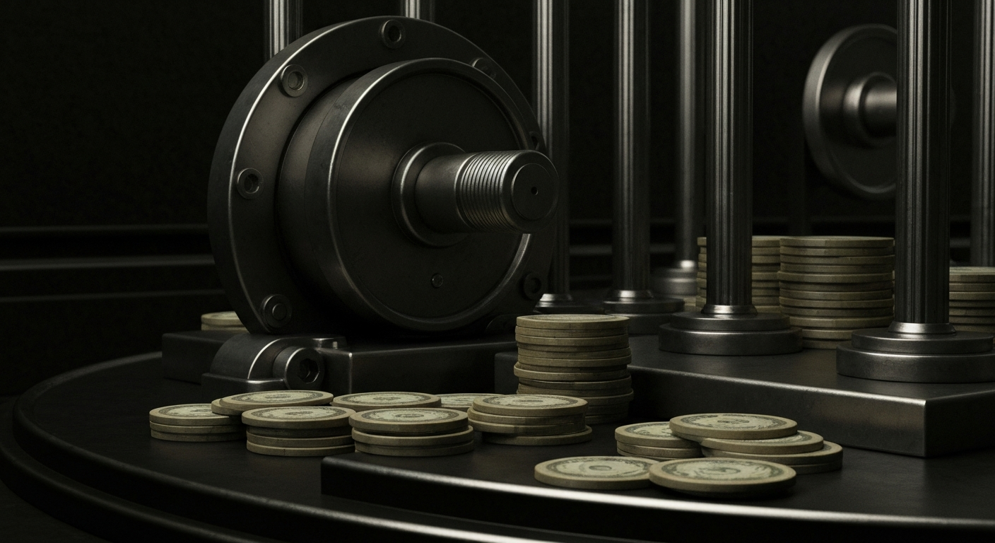 An extreme close-up of intricate gears, levers, and other industrial banking machinery, conveying a sense of financial power and institutional stability without depicting any literal currency or charts.