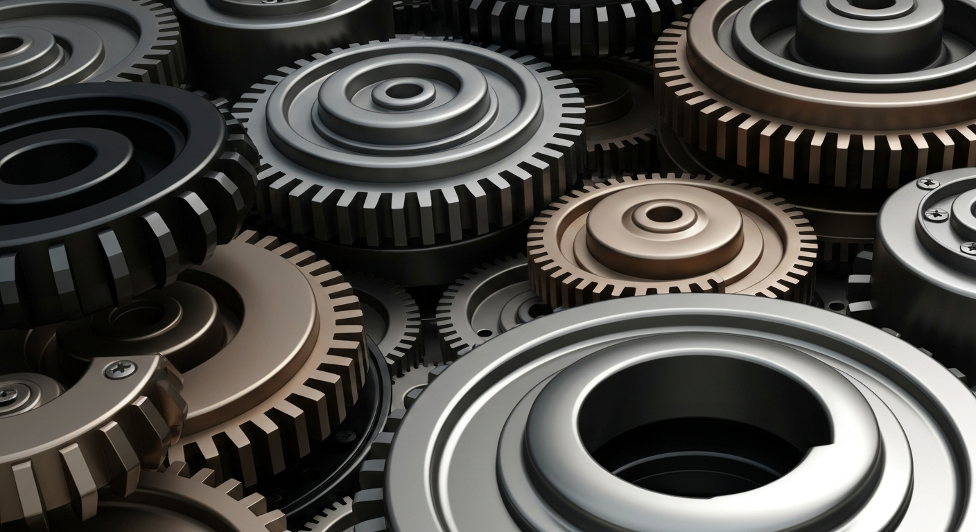 An extreme close-up of intricate, metallic banking machinery and gears, representing the secure infrastructure of the financial industry.