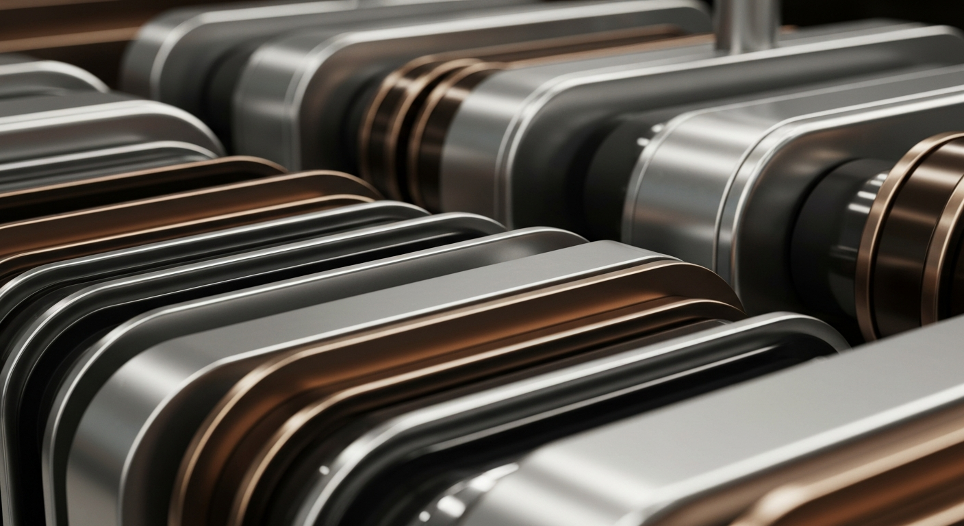 An extreme close-up of the complex, interlocking mechanisms and gears of an industrial banking machine, conveying a sense of the institutional power and financial infrastructure behind investments in clean energy companies.