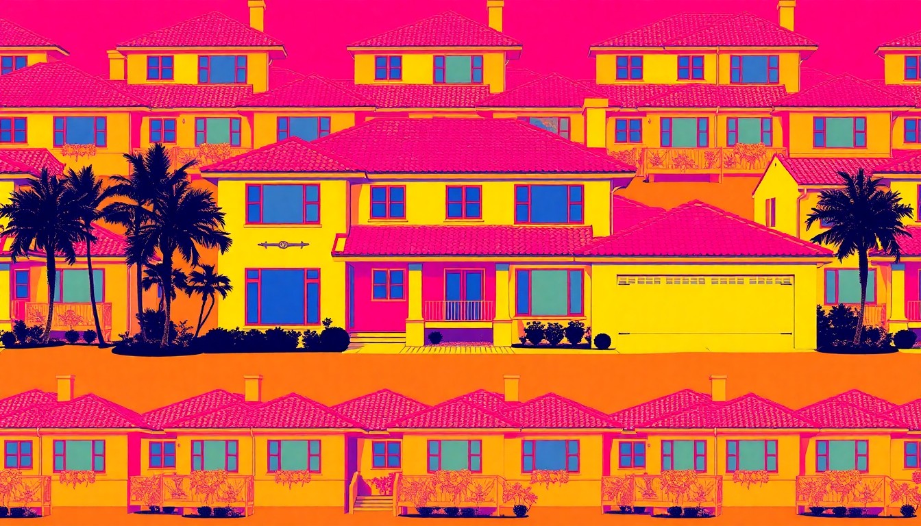 A brightly colored, high-contrast silkscreen print of a large two-story house with a red tile roof, repeated in a tight grid pattern in the style of Andy Warhol. The image utilizes flat, vibrant neon color palettes overlapping with heavy black photographic outlines, turning the everyday luxury home into a modern pop art piece.