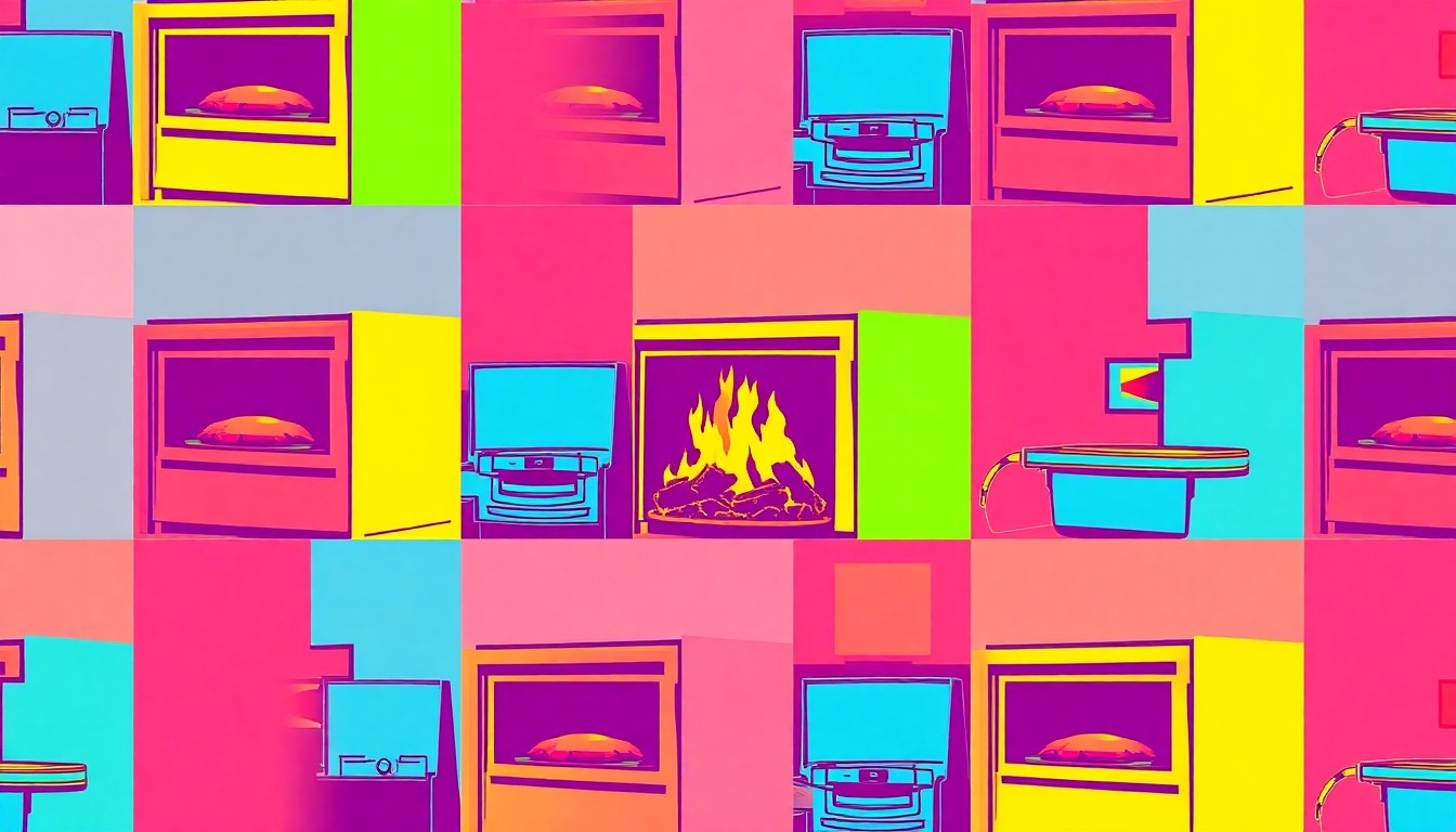 A vibrant, high-contrast silkscreen print featuring a repeated image of a luxury fireplace or kitchen appliance in a grid pattern, using a neon color palette and heavy black outlines to transform an everyday home feature into modern pop art.