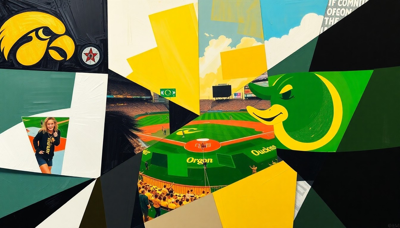 A cubist, geometric painting depicting a softball game, with the colors and shapes of the Iowa Hawkeyes and Oregon Ducks clashing and overlapping in an abstract, fragmented composition.