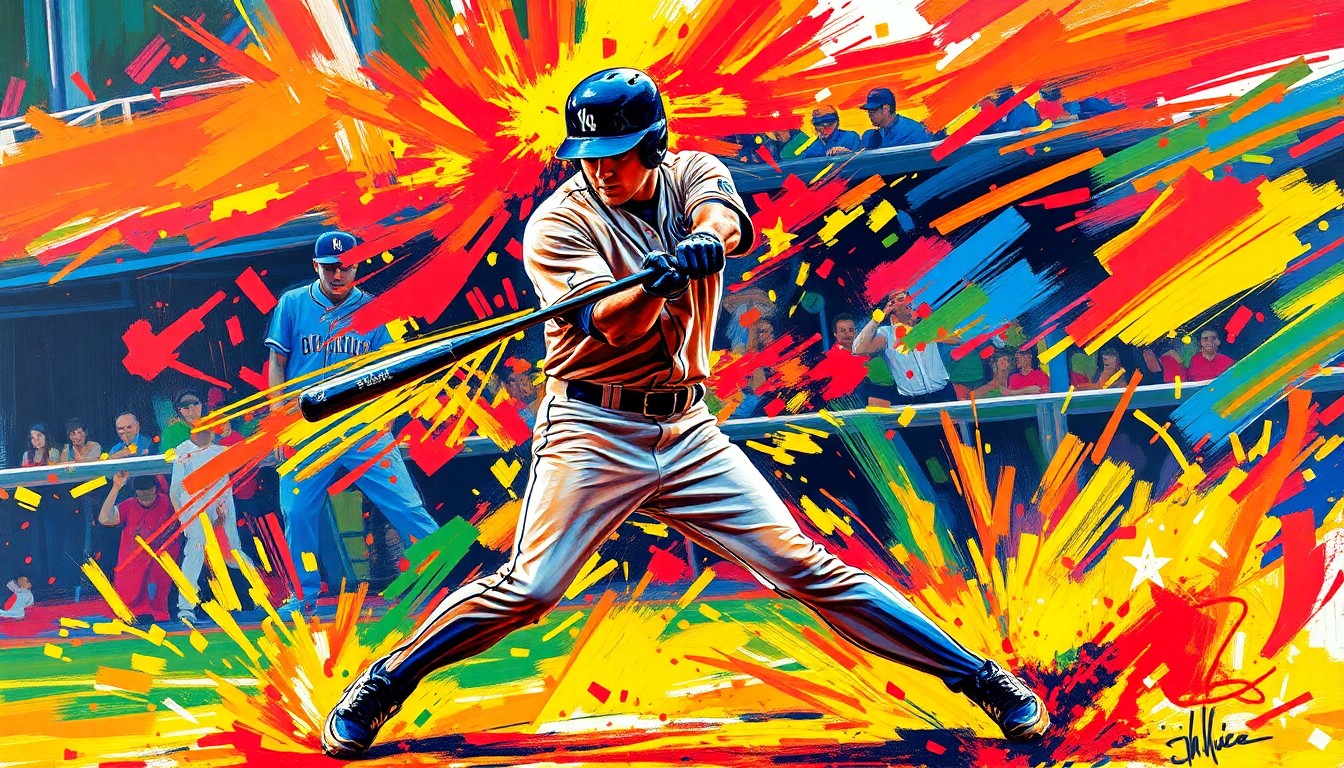 An extreme close-up of a baseball player's arms and bat in motion, with the ball blurred in a trail of neon light, conveying the explosive energy and dynamism of a key hit in a baseball game.