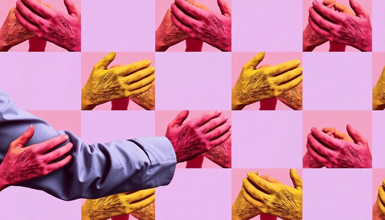 A brightly colored, high-contrast silkscreen print of a home care worker's hands gently assisting an elderly person, repeated in a tight grid pattern, conceptually representing the award-winning care provided by Visiting Angels Senior Home Care Amarillo.