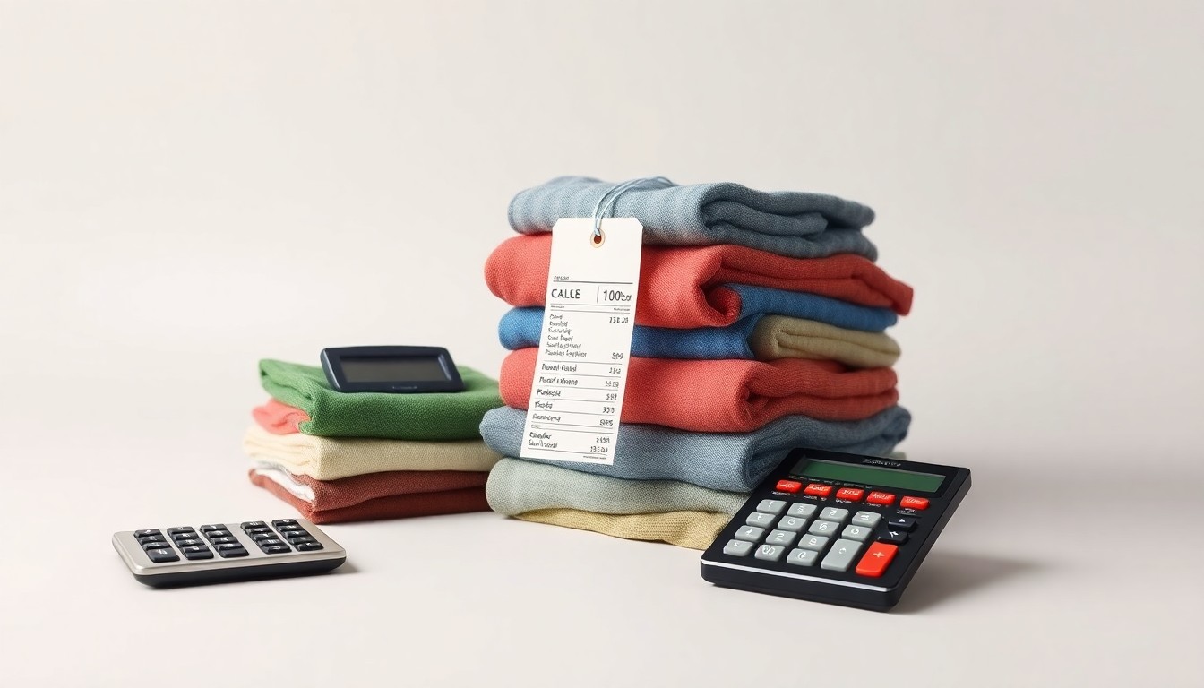 A photorealistic studio still life featuring a stack of neatly folded discount clothing items, a price tag, and a calculator on a clean, monochromatic background, symbolizing Ollie's Bargain Outlet's business of offering brand-name merchandise at deep discounts.