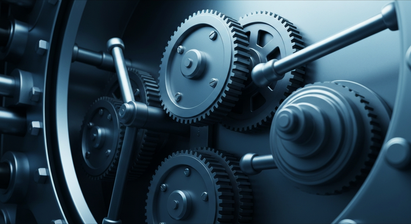 An extreme close-up of the complex mechanical components inside a bank vault, representing the institutional management of financial assets and investments.