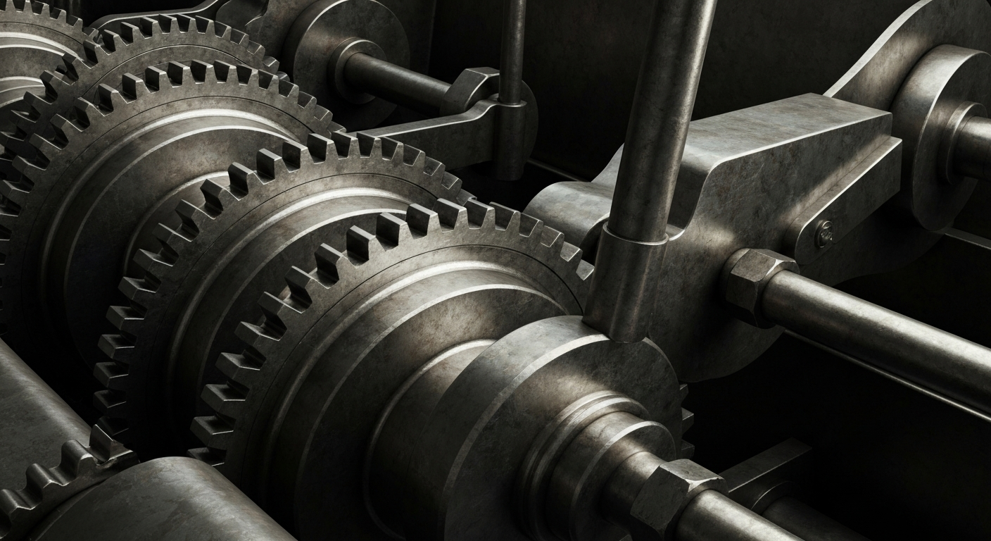 A cinematic macro photograph of heavy, industrial banking machinery and equipment, representing the complex financial infrastructure supporting Meta Platforms' growth as a technology and social media leader.