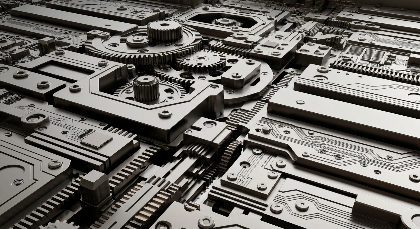 A highly detailed, cinematic macro photograph of the intricate inner workings of banking machinery and computer hardware, representing the complex financial infrastructure that powers global markets.
