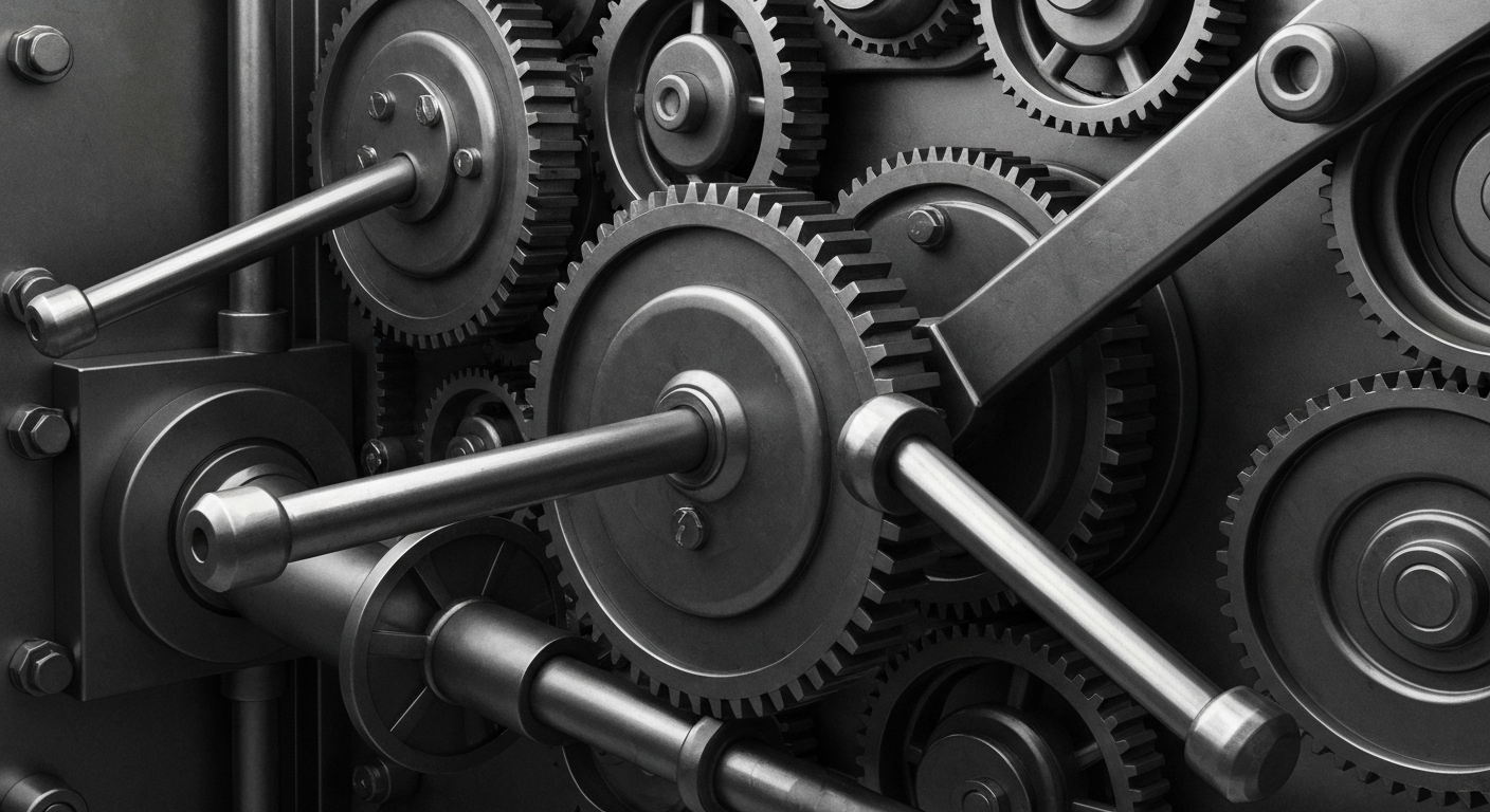 A highly detailed, cinematic close-up of the heavy, industrial components that make up the inner workings of a bank vault, conveying a sense of the tangible infrastructure and institutional power underlying the digital economy.