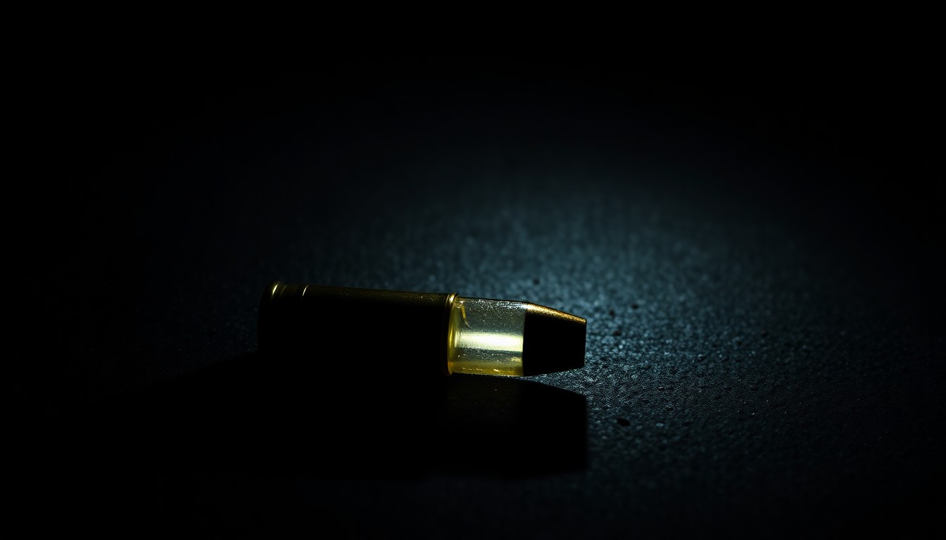An extreme close-up photograph of a single spent shell casing on a dark concrete surface, conceptually illustrating the aftermath of a fatal shooting incident.