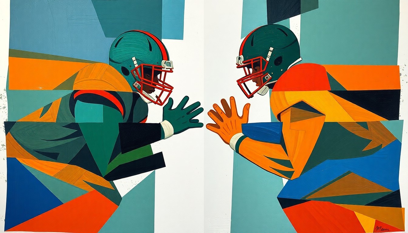 A fragmented, geometric painting depicting an offensive lineman's blocking motion, with sharp planes of color and overlapping shapes conveying the sport's physical demands.