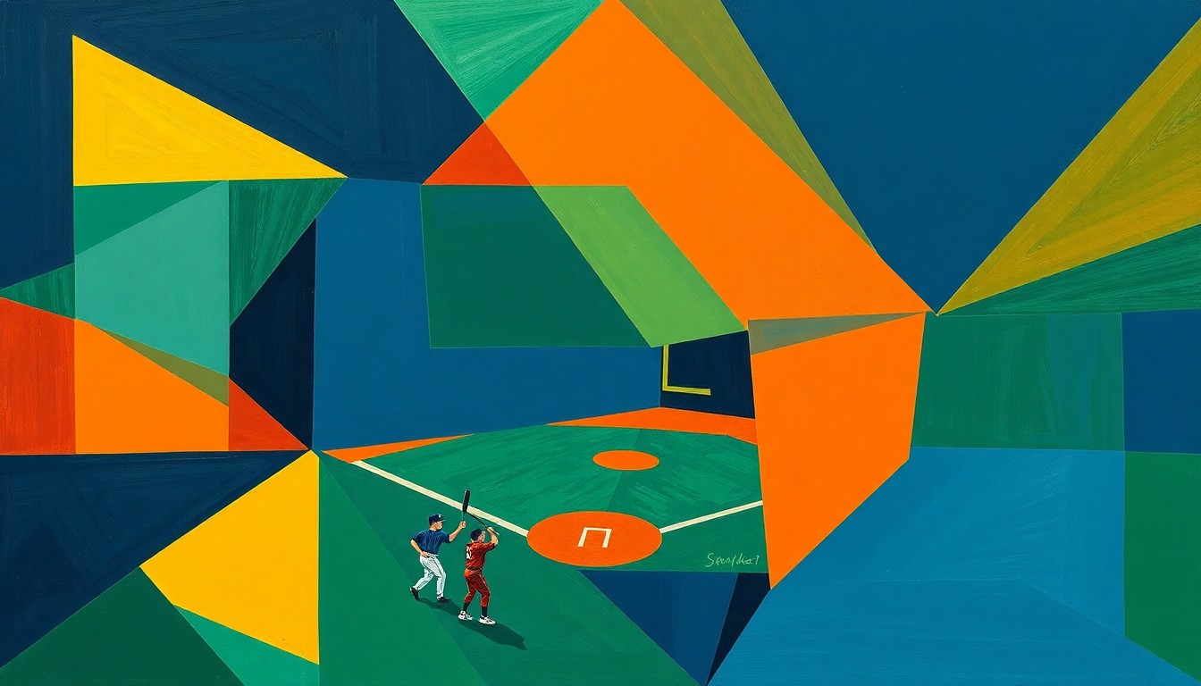 A fragmented, geometric painting depicting a high school baseball game, with sharp planes of navy, green, and orange overlapping to capture the dynamic energy of the competition.