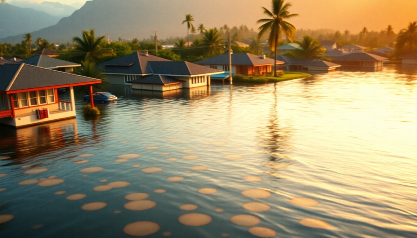 An extremely abstracted, out-of-focus photograph of a partially flooded Hawaiian neighborhood, with soft, warm pools of light and color reflecting off the surface of the water, conceptually representing the challenges of post-disaster recovery.