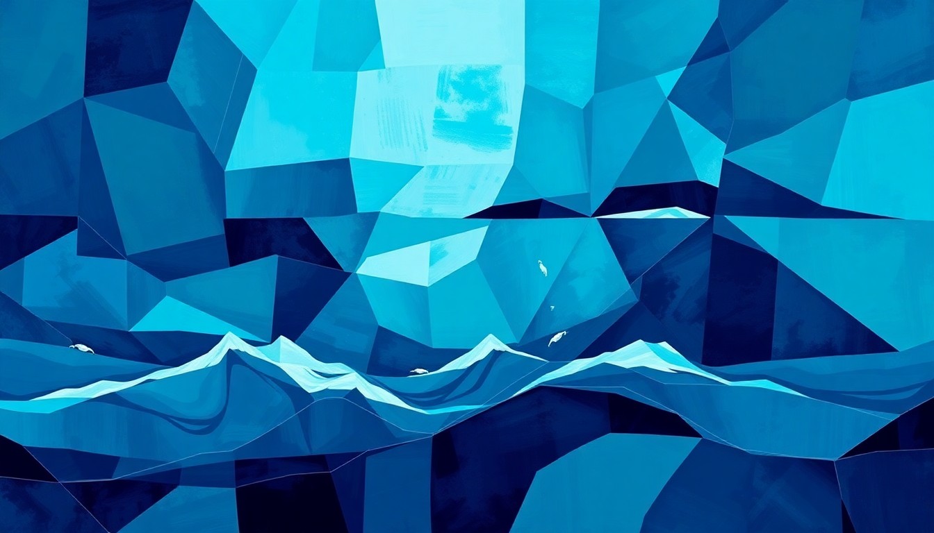 A fractured, abstract painting in shades of blue and violet, with overlapping geometric shapes and waves of color representing the disruption of oil tanker traffic through the Strait of Hormuz.