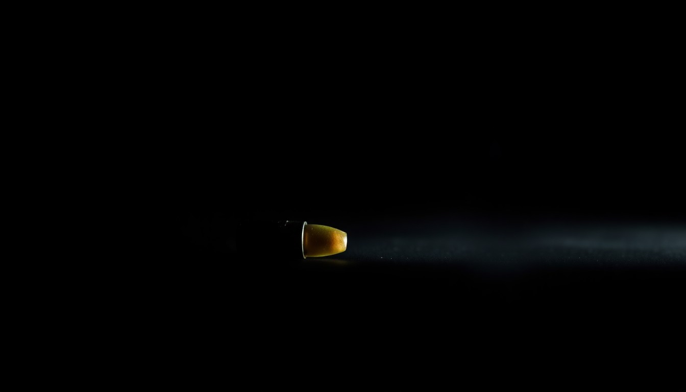 An extreme close-up photograph of a single bullet casing or other small piece of physical evidence from the crime scene, captured in stark, dramatic lighting that evokes a sense of investigation and unresolved tension.