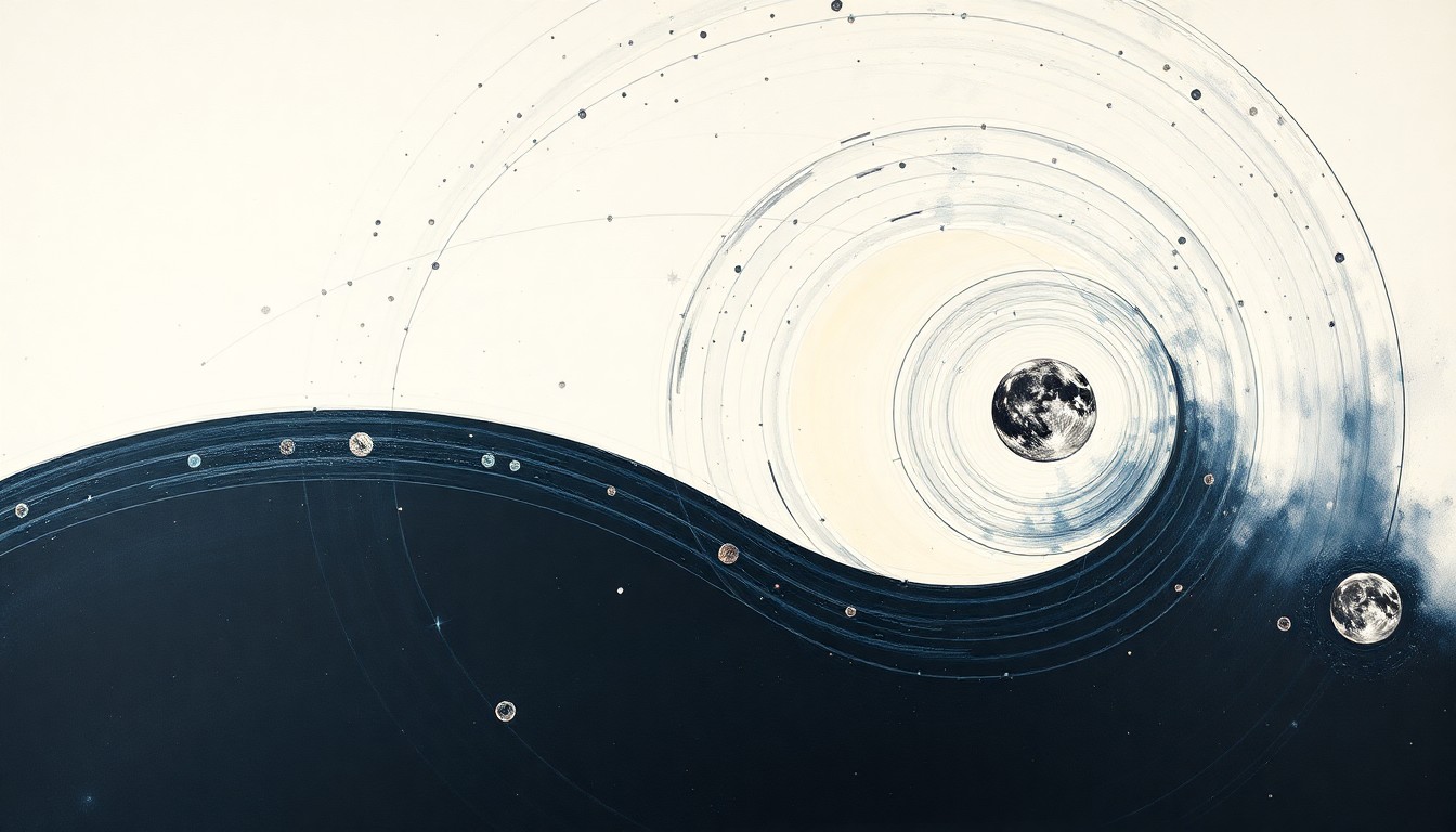 A bold, abstract painting in soft blues, greens, and grays, featuring sweeping geometric arcs, concentric circles, and precise orbital spirals, conceptually representing the Orion spacecraft's trajectory and the complex celestial forces guiding its journey to the moon.