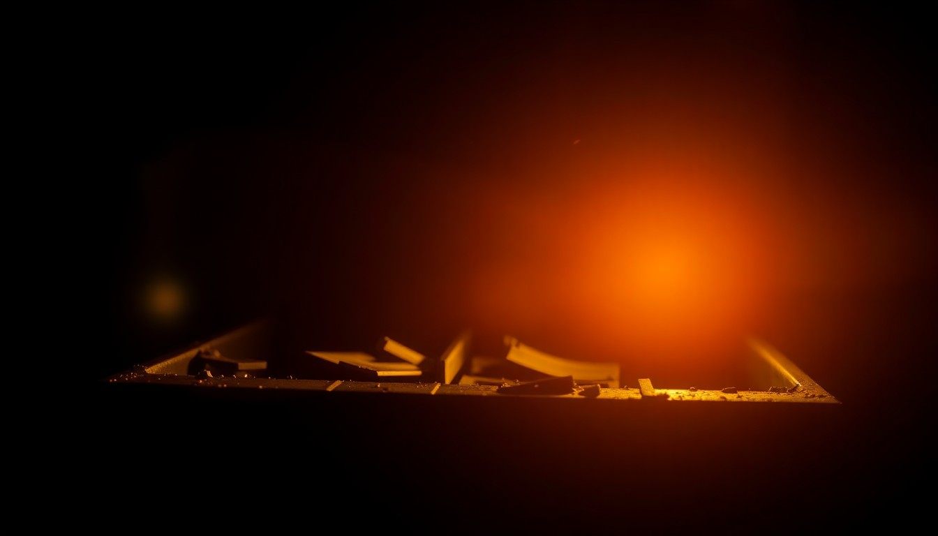 An extreme close-up photograph of a broken cash register drawer or other damaged café equipment, lit by a harsh, direct camera flash against a pitch-black background, conveying the gritty aftermath of the burglary at Dear Coco Café.