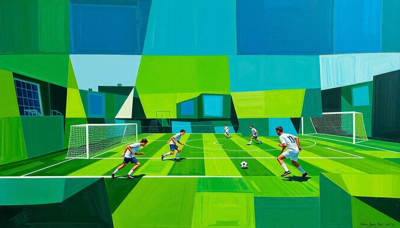 A cubist-style painting depicting a high school soccer match, with the players and field broken down into sharp, overlapping geometric shapes in a palette of greens, blues, and whites, conveying the energy and dynamism of the sport.