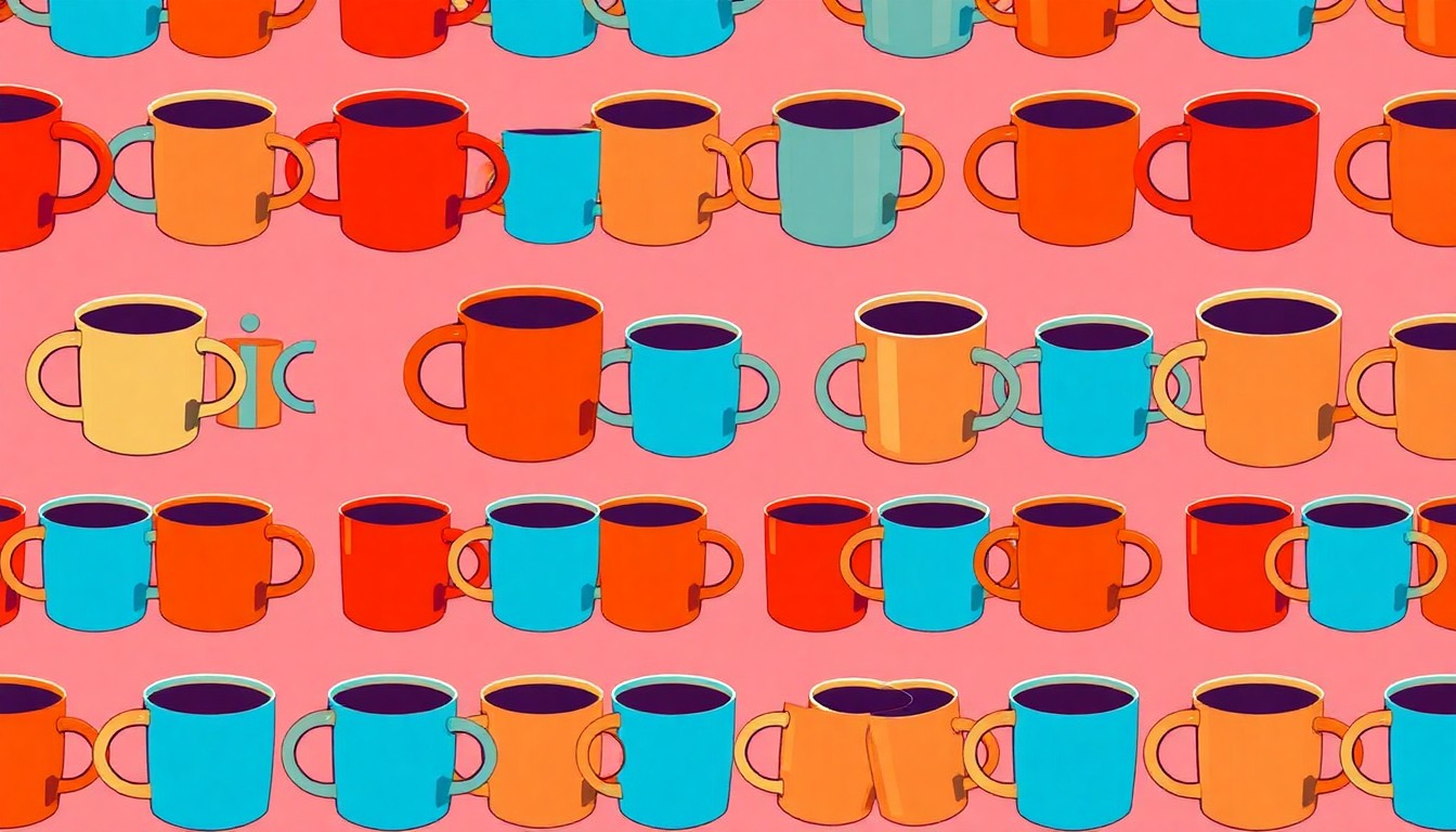 A vibrant, pop art-inspired illustration featuring a repeating pattern of a coffee mug in shades of red, orange, and blue, conceptually representing the increased availability of office hours and student support at the Insurance School of TampaBay.