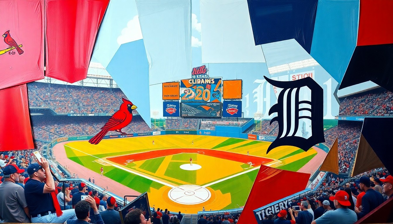 A fractured, geometric painting in bright colors representing a baseball game between two teams, with the action broken down into sharp, overlapping planes.