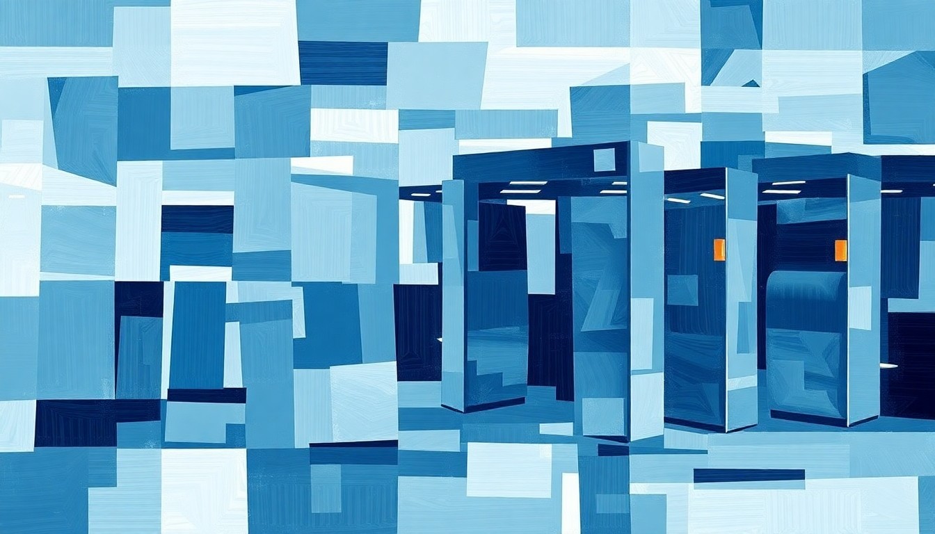 A fractured, abstract painting depicting a TSA security checkpoint with overlapping, geometric shapes in shades of blue, grey, and white, conveying a sense of motion and surveillance.