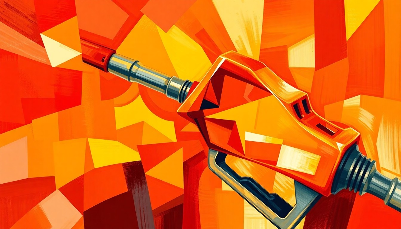 A heavily textured, abstract painting featuring a gas pump nozzle repeated in overlapping, fractured geometric shapes in bright shades of red, orange, and yellow, conceptually representing the rapid changes and volatility in gas prices.