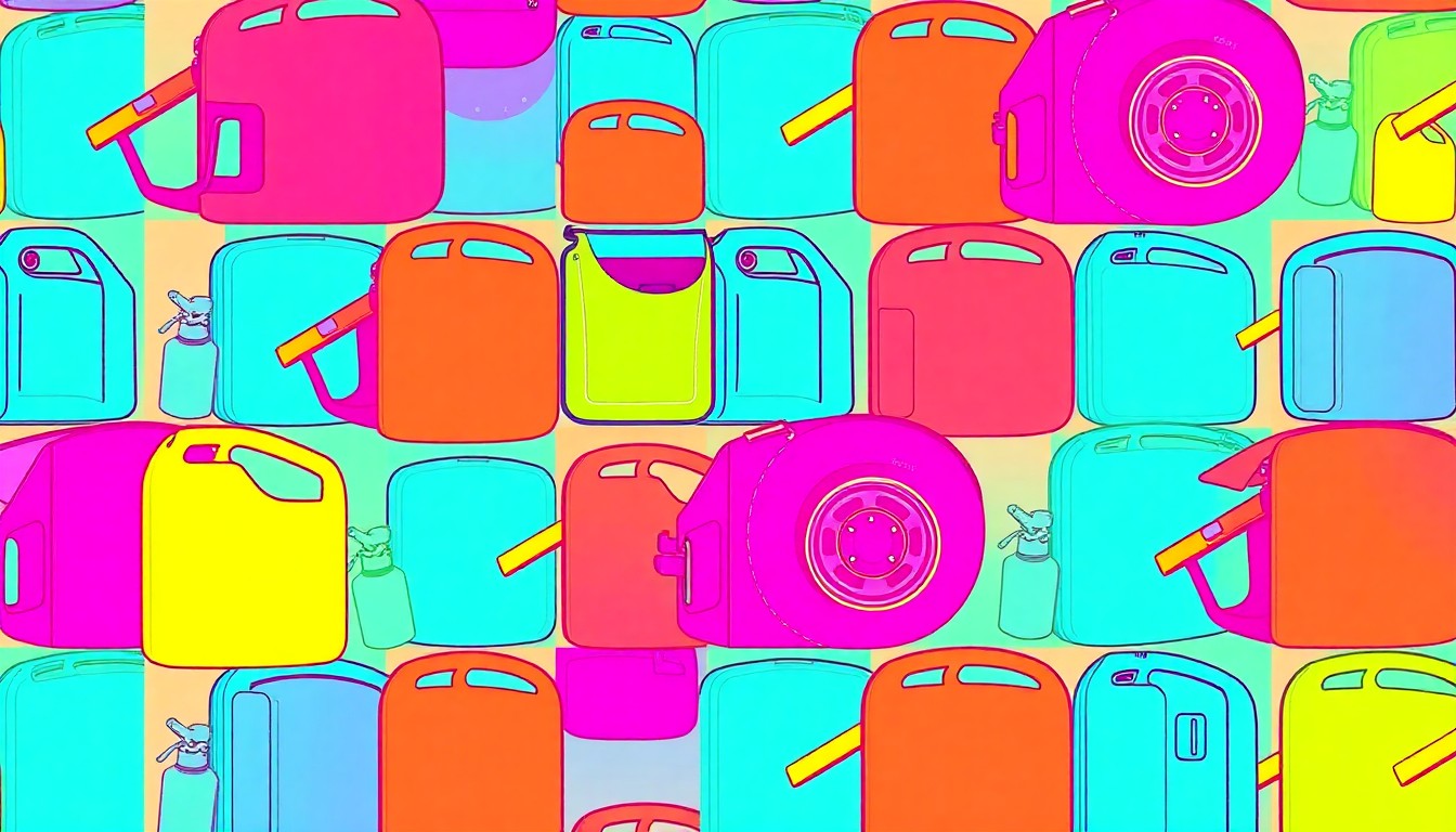 A bold, abstract grid of brightly colored silkscreen images depicting a single iconic road trip object, such as a gas can or RV wheel, repeated in a visually striking pattern that captures the energy and spirit of modern vehicle-based travel.