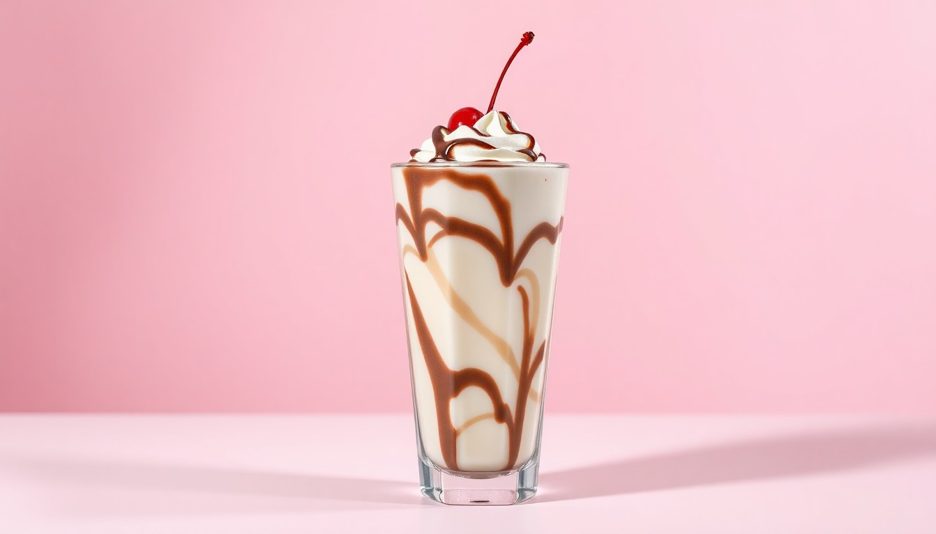 A photorealistic studio still life of a classic milkshake glass filled with a creamy, swirled vanilla and chocolate 'Awful Awful' milkshake, set against a clean, monochromatic background and dramatically lit to convey a sense of tradition and nostalgia.