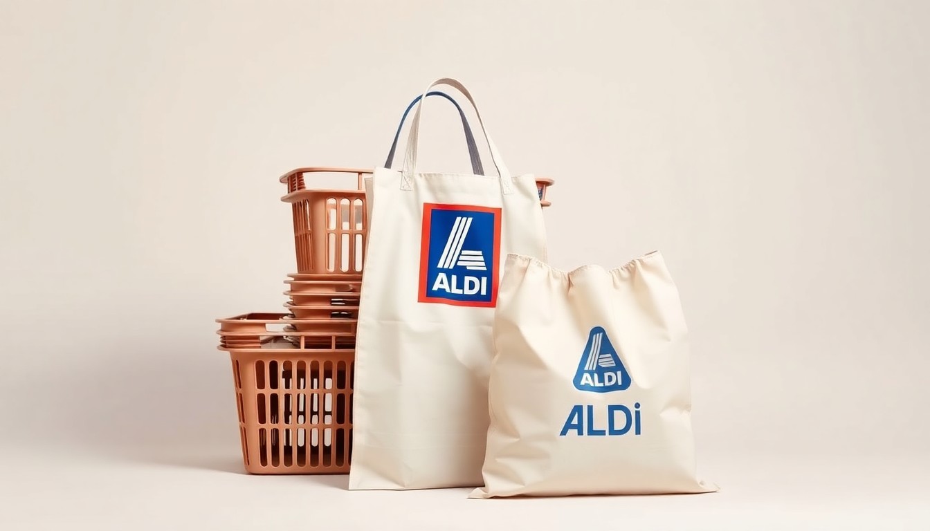 A minimalist studio still life photograph featuring a stack of Aldi shopping baskets and a single Aldi-branded reusable grocery bag, arranged elegantly on a clean white background with dramatic lighting and shadows to symbolize the brand's efficient, no-nonsense grocery experience.