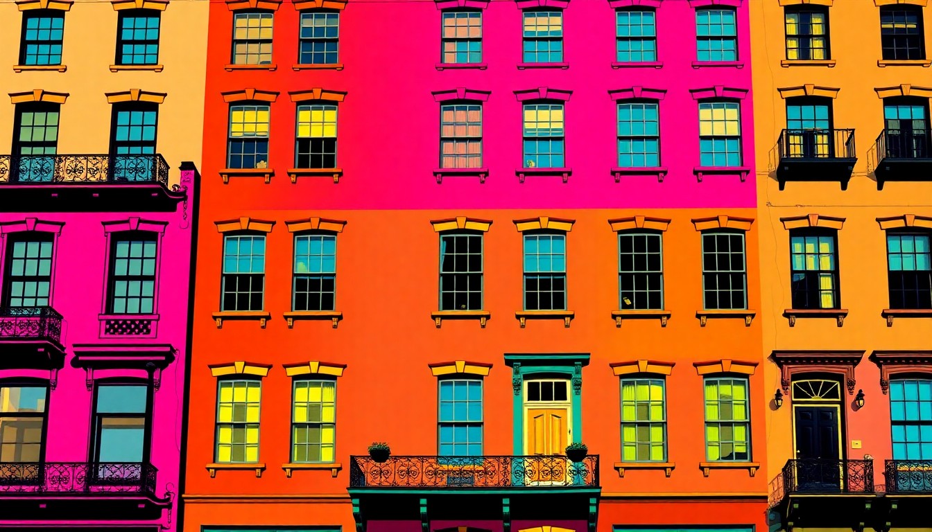 A brightly colored, high-contrast silkscreen print of a historic Savannah building facade, repeated in a tight grid pattern, conceptually representing the city's evolving architectural landscape.