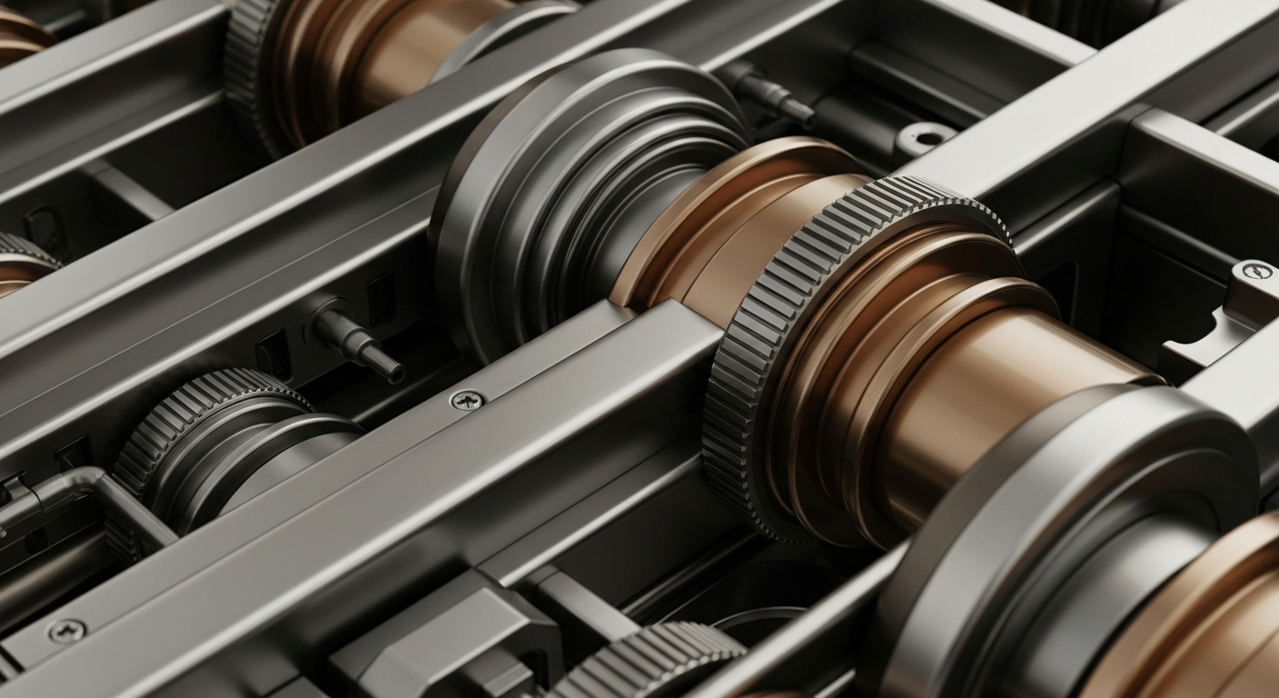 An extreme close-up of the gears, levers, and mechanisms of a large industrial banking machine, conveying the intricate, shifting nature of retirement planning and Social Security benefits in the modern era.