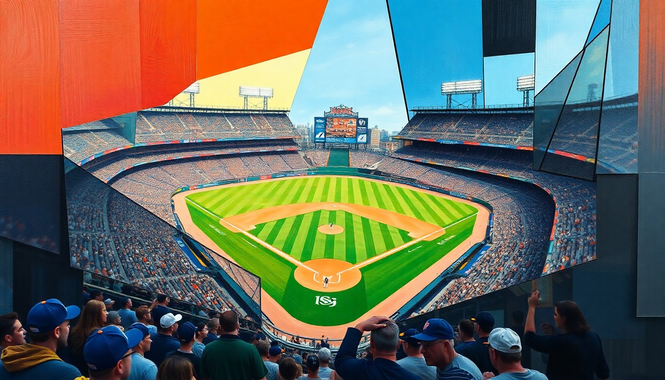 A cubist-style painting depicting a baseball game between the San Francisco Giants and New York Mets, with the players and field broken down into sharp, overlapping geometric shapes and planes of color.