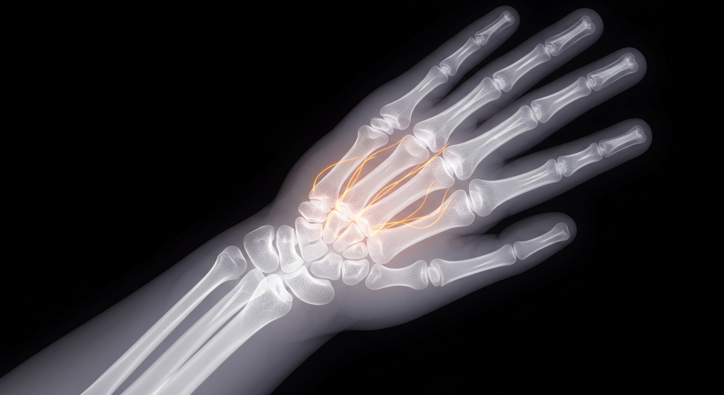 A translucent X-ray image of a human hand and wrist, revealing the intricate structures that make up the carpal tunnel and suggesting the potential for healing through chiropractic treatment.