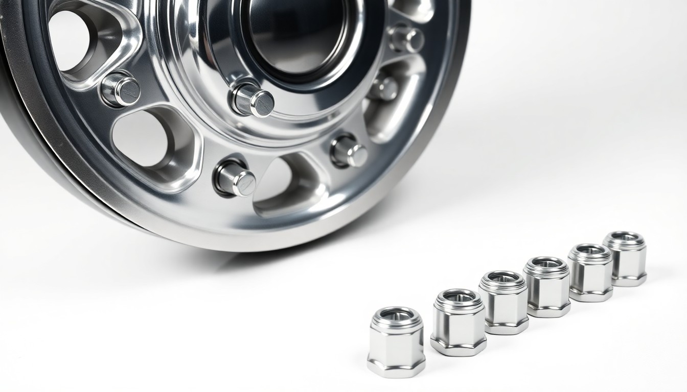 A close-up photograph of a shiny, chrome-plated RV wheel hub and lug nuts arranged artfully on a plain white background, conveying the precision and craftsmanship of the RV industry.