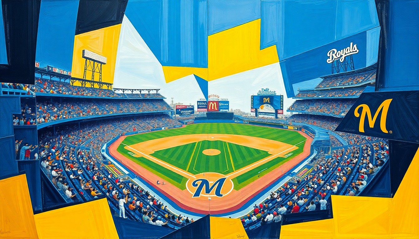 A fractured, geometric painting depicting a baseball game between the Kansas City Royals and Milwaukee Brewers, with sharp overlapping planes in the teams' respective colors.