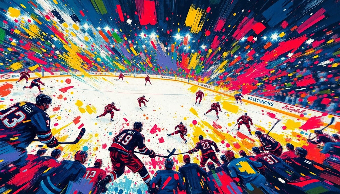 An abstract, expressionist painting in vibrant neon colors, with dynamic brushstrokes capturing the energy and movement of a professional hockey game, the players' forms dissolving into colorful splatters.