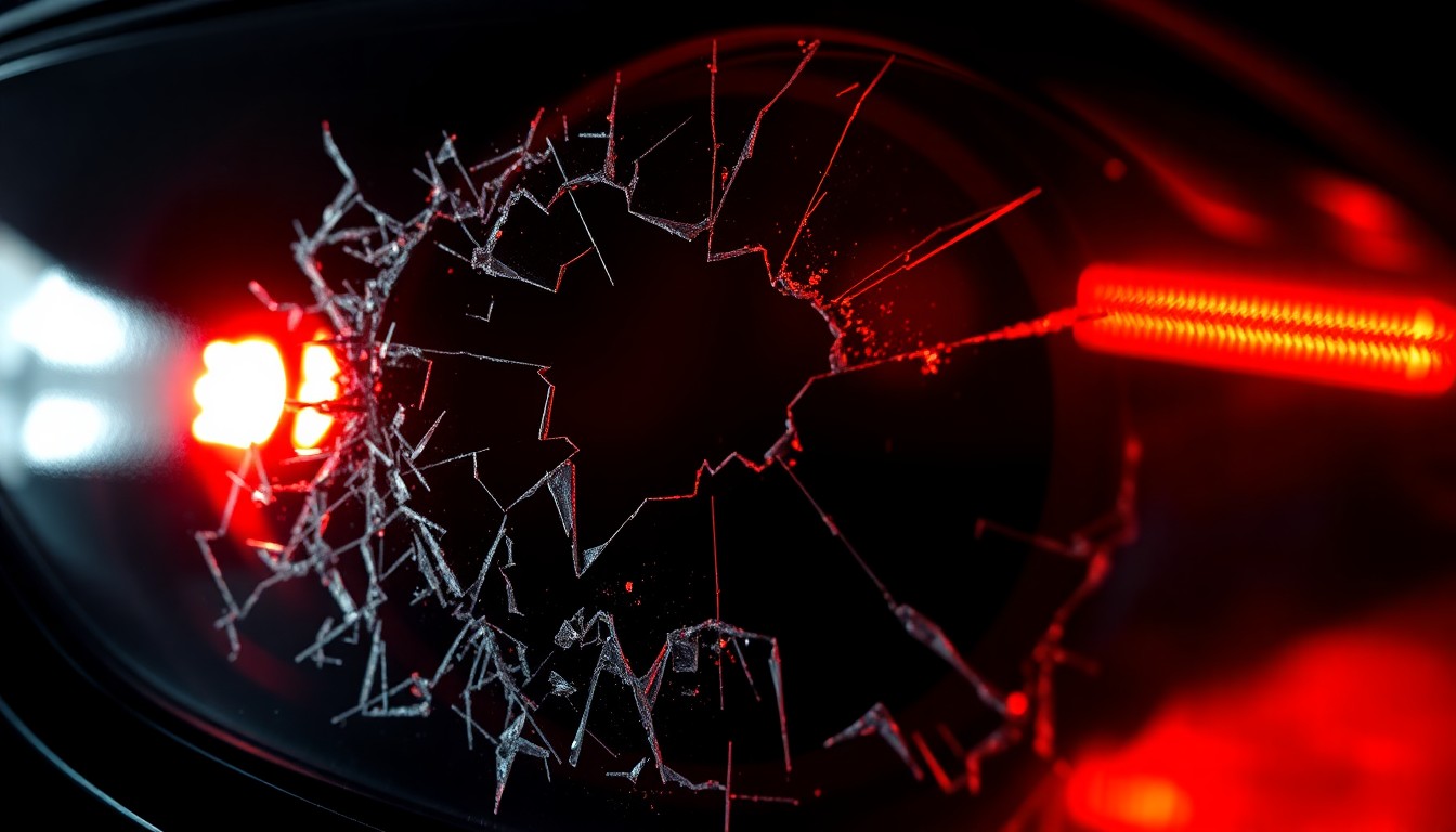 An extreme close-up of a shattered car sensor lens reflecting a faint red light, conceptually illustrating the vandalism of self-driving cars.