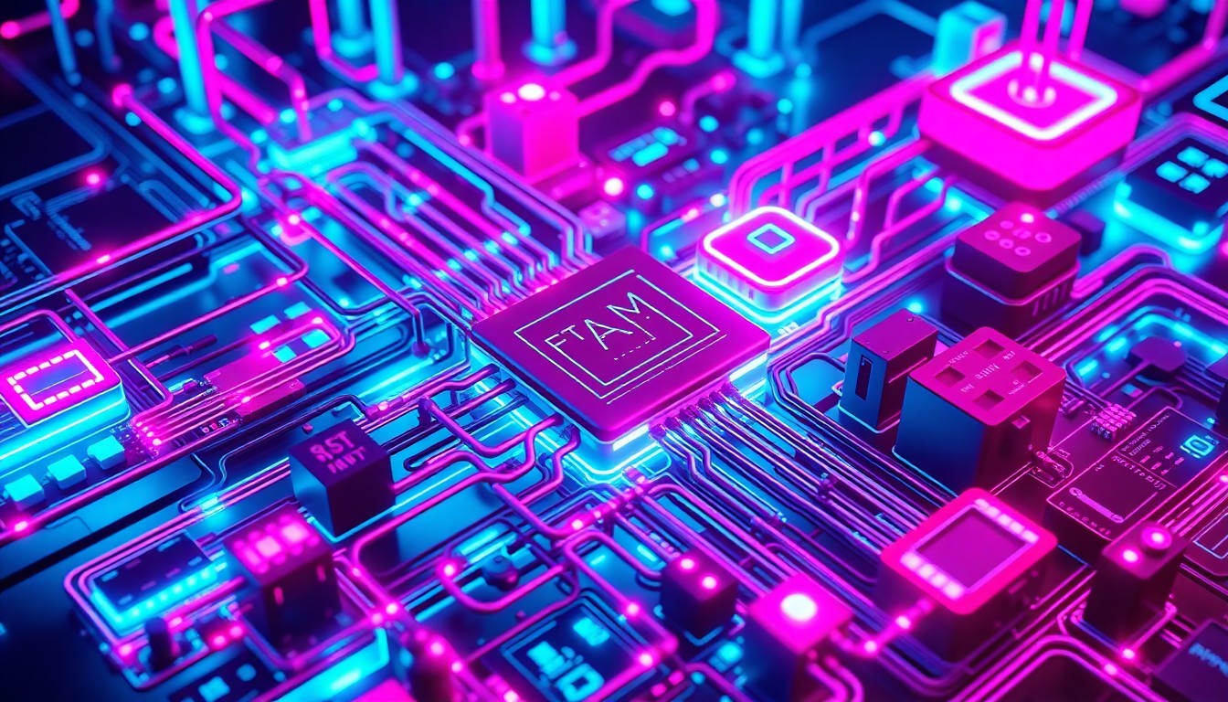 A highly detailed, glowing 3D illustration of an intricate AI agent system, with various components and infrastructure illuminated by vibrant neon lights, conveying the power and complexity of Nvidia's new platform.