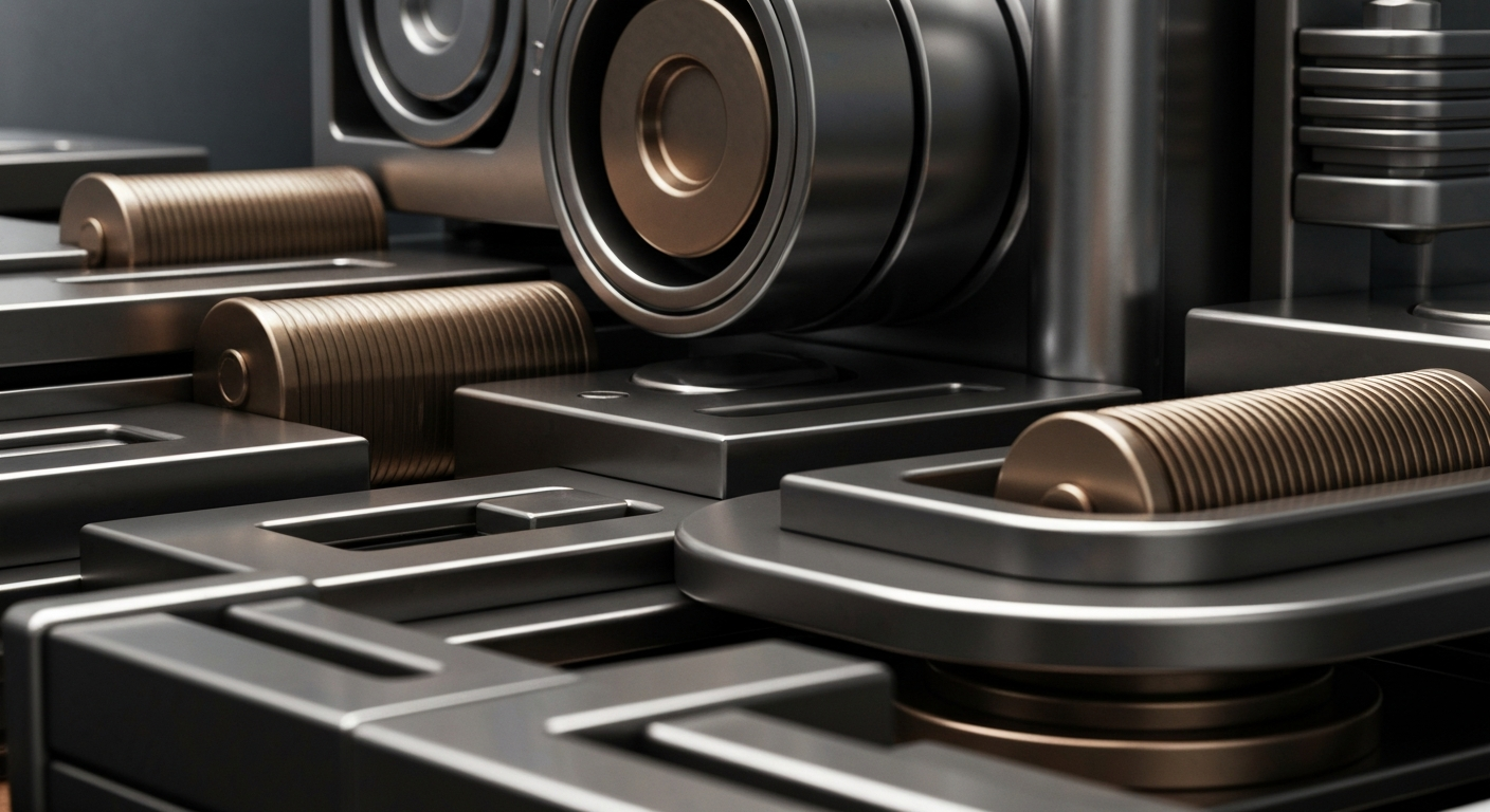 A highly detailed, cinematic close-up of heavy, industrial banking machinery and objects in shades of gunmetal grey, bronze, and chrome, conveying a sense of institutional power and financial security.