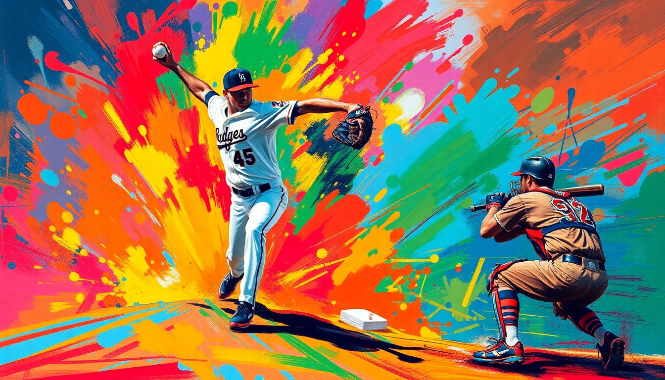 An abstract, expressionist painting capturing the intense motion and energy of a baseball pitcher's delivery, with vibrant neon colors and loose, gestural brushstrokes that obscure the specific details of the players.